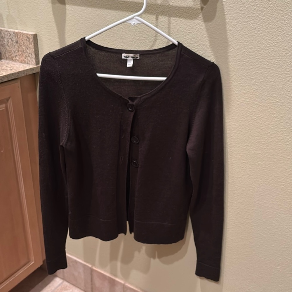 Semantics woman's three button merino fine wool dark brown cardigan